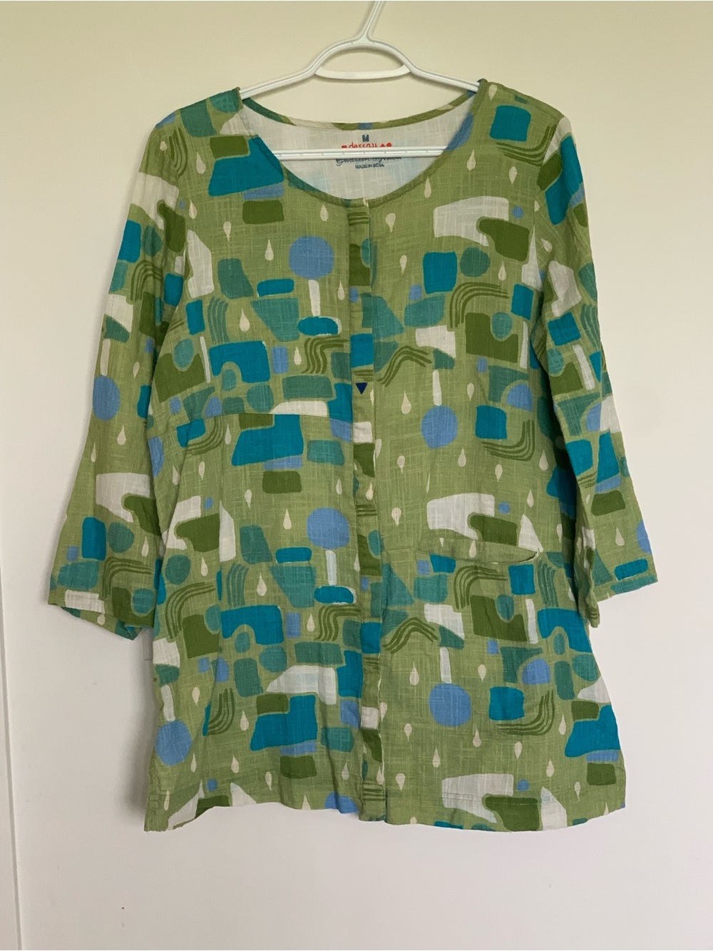 Gudrun Sjoden Dessau Cotton Lagenlook Tunic Green Abstract Button Up Art to Wear